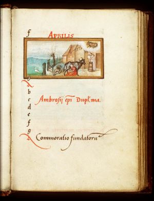 April: man milking a cow, woman churning milk; Taurus