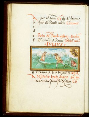 July: people making hay, a man sleeping; Leo