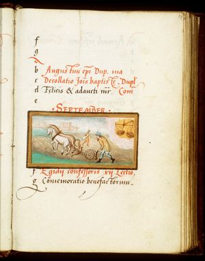 September: people ploughing and sowing; Libra