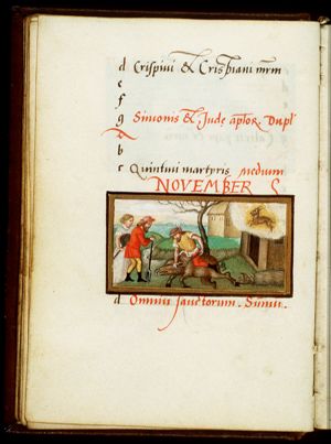 November: a man slaughtering a pig; Capricornus