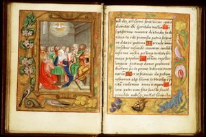 Pentecost: the Holy Spirit descends upon Mary and the apostles