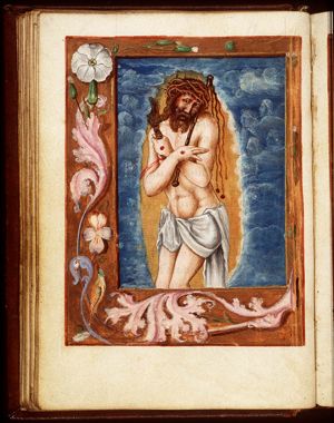 Man of Sorrows: the upright Christ showing his wounds, bearing the crown of thorns, and holding scourge and reed