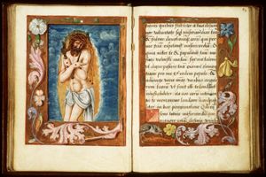 Man of Sorrows: the upright Christ showing his wounds, bearing the crown of thorns, and holding scourge and reed