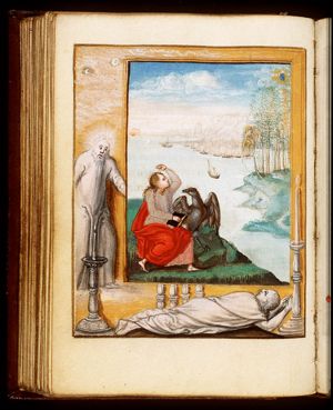 The Evangelist St. John with his symbol the eagle on Patmos
