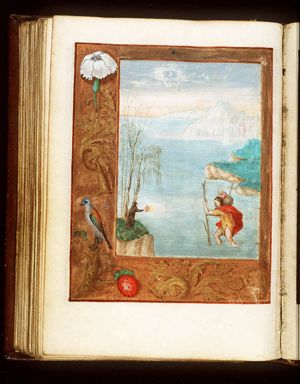 St. Christopher carries the Christ-child, a hermit guiding him with a lamp