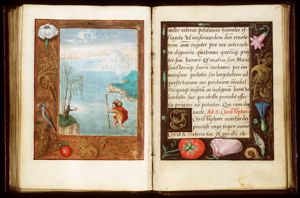 St. Christopher carries the Christ-child, a hermit guiding him with a lamp