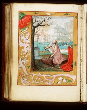 St. Jerome in penitence; the lion brings back the stolen ass (background)
