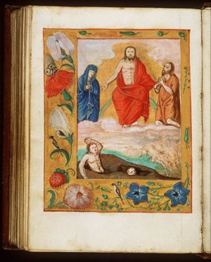 The Last Judgement: Christ on a rainbow raises the dead in the presence of Mary and St. John the Baptist