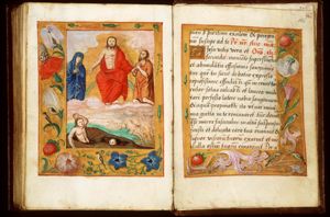 The Last Judgement: Christ on a rainbow raises the dead in the presence of Mary and St. John the Baptist