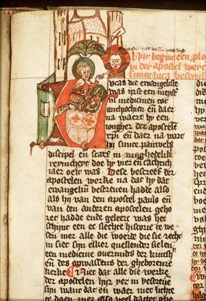 The Evangelist St. Luke with his symbol the ox, making the portrait of Christ