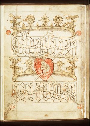 The Christ-child holding scourge and reed, with the five Holy Wounds and the crowned names of Jesus and Mary