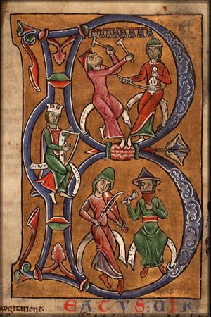 David playing the harp and his musicians Eman, Ethan, Idithun and Asaph