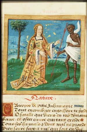 Nature as a young woman and Death holding a spear