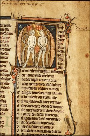 Adam and Eve discover their nakedness; they cover themselves with their hands