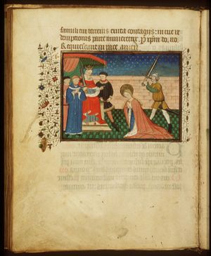 The martyrdom of St. Catherine of Alexandria: she is beheaded at the behest of Emperor Maxentius