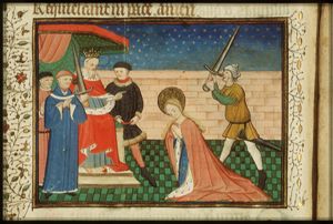 The martyrdom of St. Catherine of Alexandria: she is beheaded at the behest of Emperor Maxentius