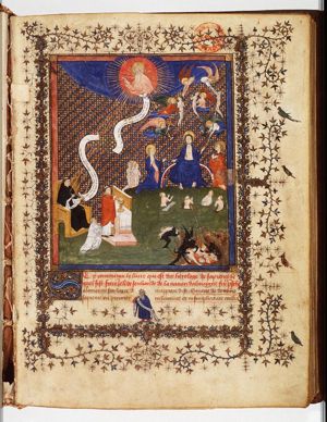 Heinrich Seuse writing his 'Horologium Sapientiae'; God the Father inspiring him; Holy Mass; the Last Judgement: Christ on a rainbow raises the dead in the presence of Mary and St. John the Baptist; two angels holding instruments of the Passion; four angels bringing souls to heaven; devils dragging the damned into hell