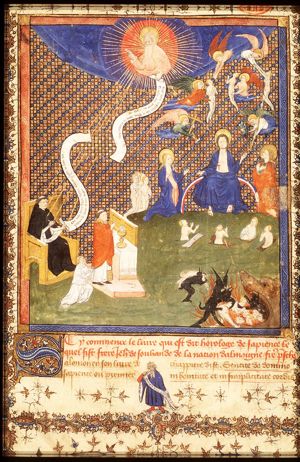 Heinrich Seuse writing his 'Horologium Sapientiae'; God the Father inspiring him; Holy Mass; the Last Judgement: Christ on a rainbow raises the dead in the presence of Mary and St. John the Baptist; two angels holding instruments of the Passion; four angels bringing souls to heaven; devils dragging the damned into hell