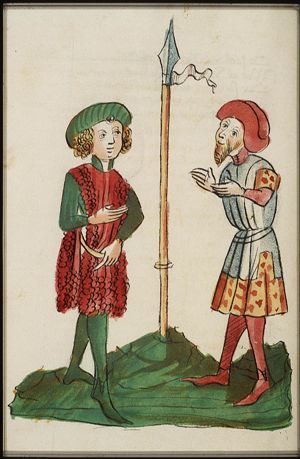 Wilhelm von Orlens senior wins the spear in a combat with Jofrit von Brabant