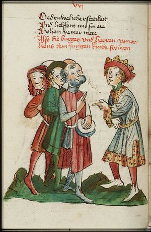 Five knights swear loyalty to Wilhelm von Orlens before Jofrit von Brabant