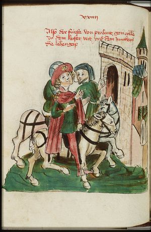 Wilhelm von Orlens and companions travelling to Cologne to obtain his fief
