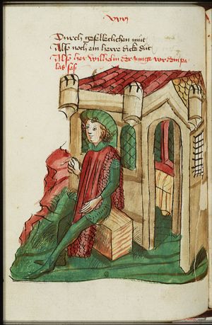 Wilhelm von Orlens sitting in front of the palace of the king of England
