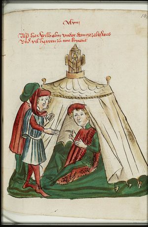 Wilhelm von Orlens, sitting in a tent, receives two guests