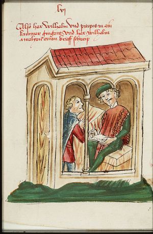 Wilhelm von Orlens writes a letter to Princess Amelie, Pitipas standing before him