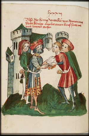 A messenger of Witekin, king of Denmark, declares war to Amilot, king of Norway