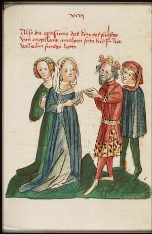 Abbess Savine tells Princess Amelie and King Rainher about Wilhelm von Orlens