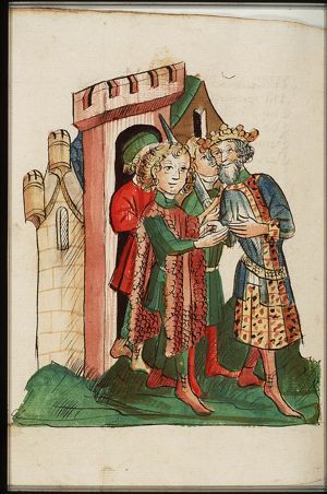 Jofrit von Brabant hands over his power to Wilhelm in the presence of a bishop