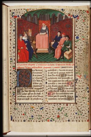 A lecturer reading from St. Thomas Aquinas' Information des Princes to an emperor, a king, a chancellor and three noblemen