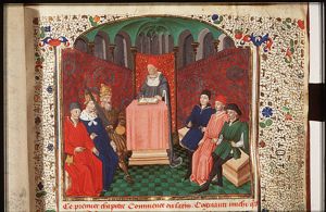 A lecturer reading from St. Thomas Aquinas' Information des Princes to an emperor, a king, a chancellor and three noblemen