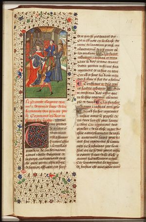 King with sword and a pair of scales (Justice), chancellor and noblemen