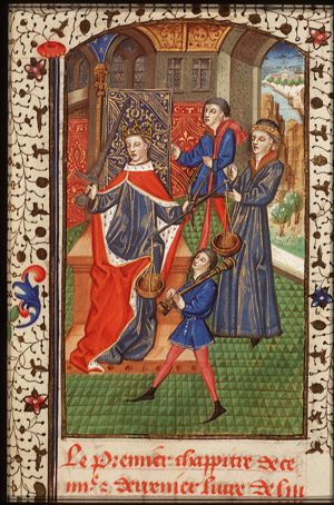 King with sword and a pair of scales (Justice), chancellor and noblemen