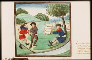 Flute-playing contest between Corydon and Thyrsis with Daphnis as judge