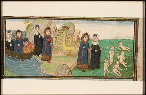 Aeneas, conveyed to the underworld by Charon, drugs Cerberus