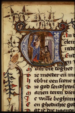 Beatrijs kneeling before Mary holding the Christ-child