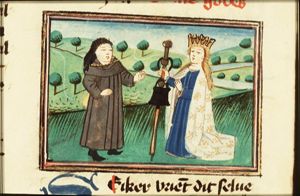 Divine Grace gives the Pilgrim a knapsack (Faith) and a staff (Hope)