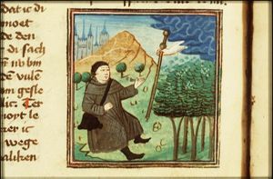 Divine Grace brings back the staff to the Pilgrim who sits down on the road