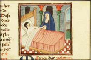 The Pilgrim on his deathbed comforted by Pity
