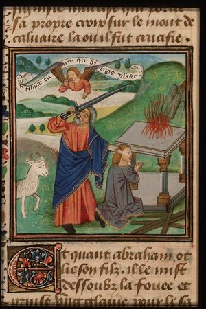 Abraham sacrifices Isaac, an angel restrains his sword