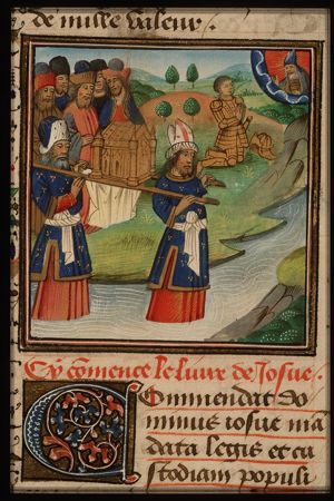 The Israelites carry the Ark of the Covenant over the Jordan; Joshua prays to God