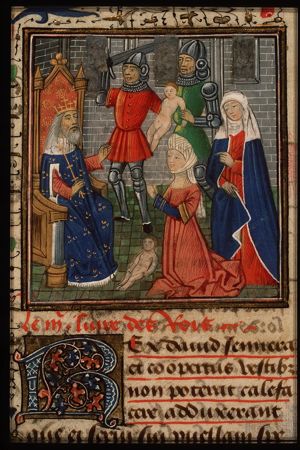 The judgement of Solomon: Solomon gives verdict; he commands a soldier to divide the living child in two; the true mother objects