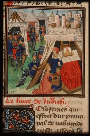 Judith puts the head of Holofernes into a sack