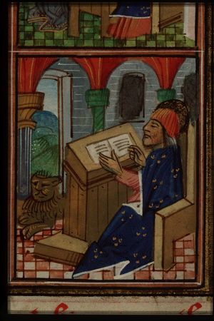 The Evangelist St. Mark reading, with his symbol the lion