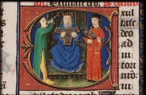 David enthroned playing the harp and two musicians