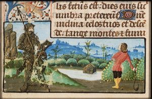 David and Goliath: David kills Goliath with a stone from his sling