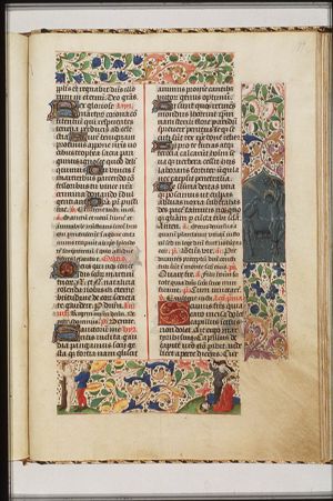 The martyrdom of two male saints, perhaps Cosmas and Damianus: they are stabbed(?) while hanging from a tree by their hands