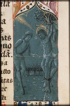 The martyrdom of two male saints, perhaps Cosmas and Damianus: they are stabbed(?) while hanging from a tree by their hands